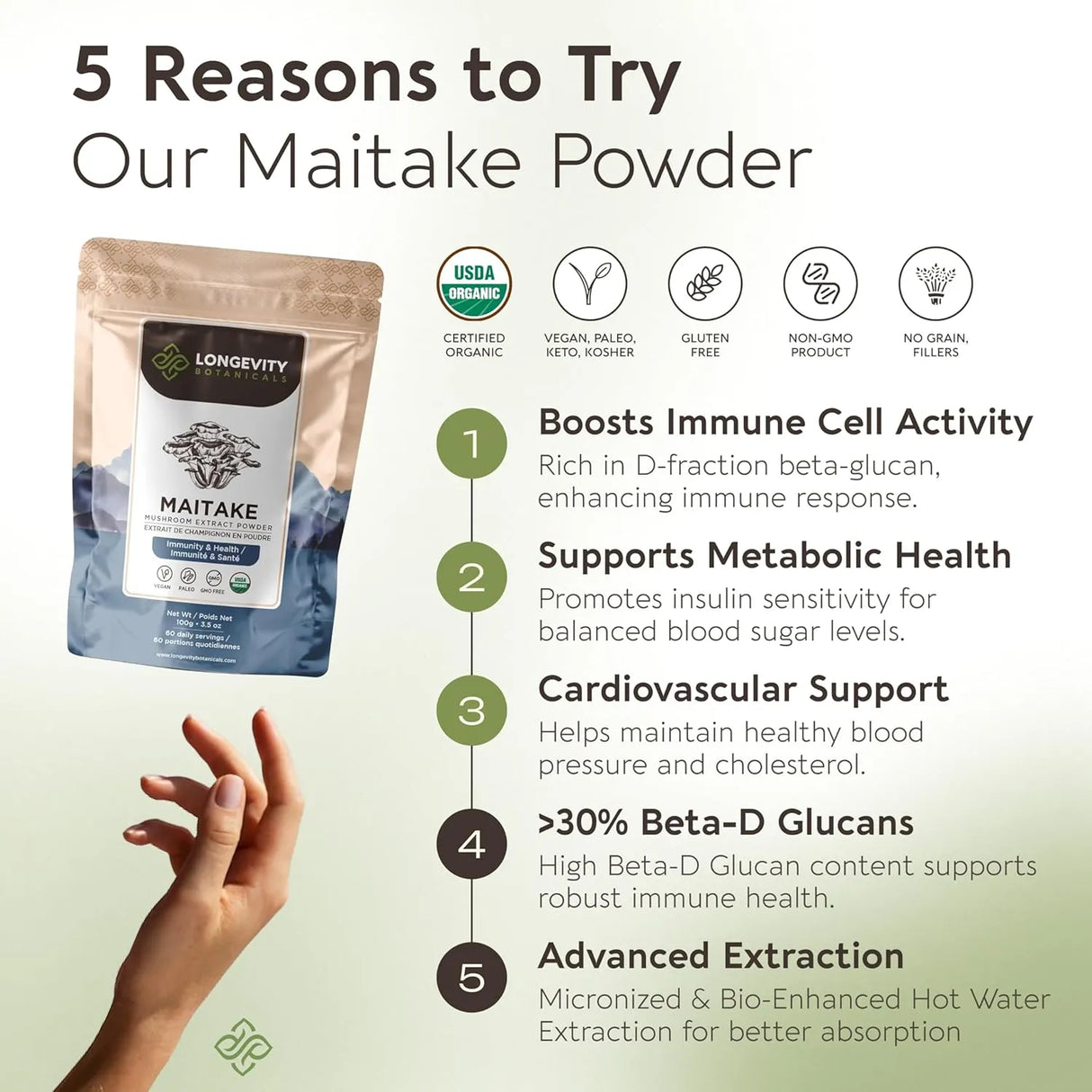 LONGEVITY BOTANICALS - Longevity Botanicals Organic Maitake Mushroom Extract Powder 100Gr. - The Red Vitamin MX - Suplementos Alimenticios - {{ shop.shopifyCountryName }}