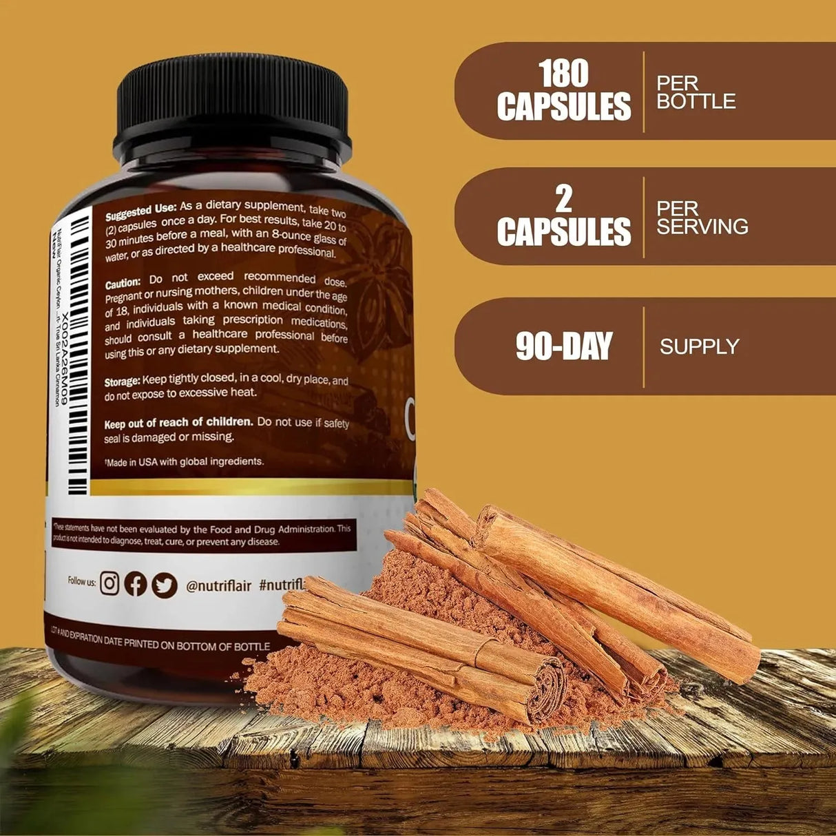 NUTRIFLAIR - NutriFlair Organic Ceylon Cinnamon 1200Mg. 180 Capsulas - The Red Vitamin MX - Suplementos Alimenticios - {{ shop.shopifyCountryName }}