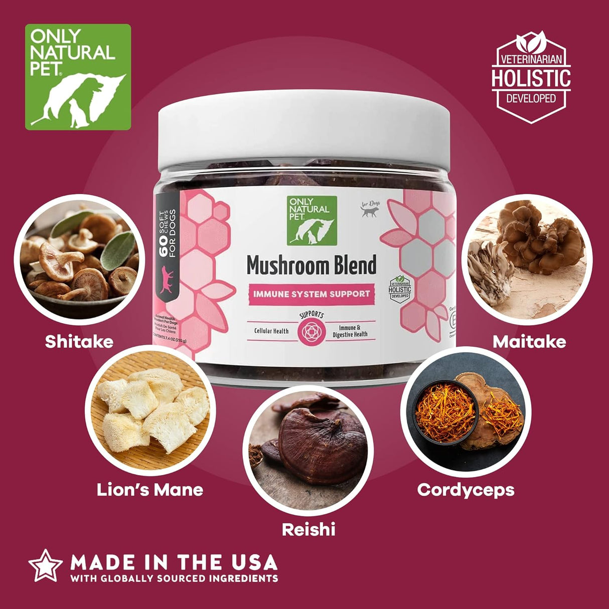 ONLY NATURAL PET - Only Natural Pet Mushroom Blend Immune System Support Supplement for Dogs 60 Masticables - The Red Vitamin MX - Suplementos Herbales Para Perros - {{ shop.shopifyCountryName }}