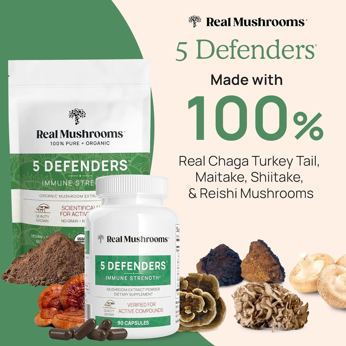 REAL MUSHROOMS - Real Mushrooms 5 Defenders Powder 100 Servicios 100Gr. - The Red Vitamin MX - Suplementos Alimenticios - {{ shop.shopifyCountryName }}