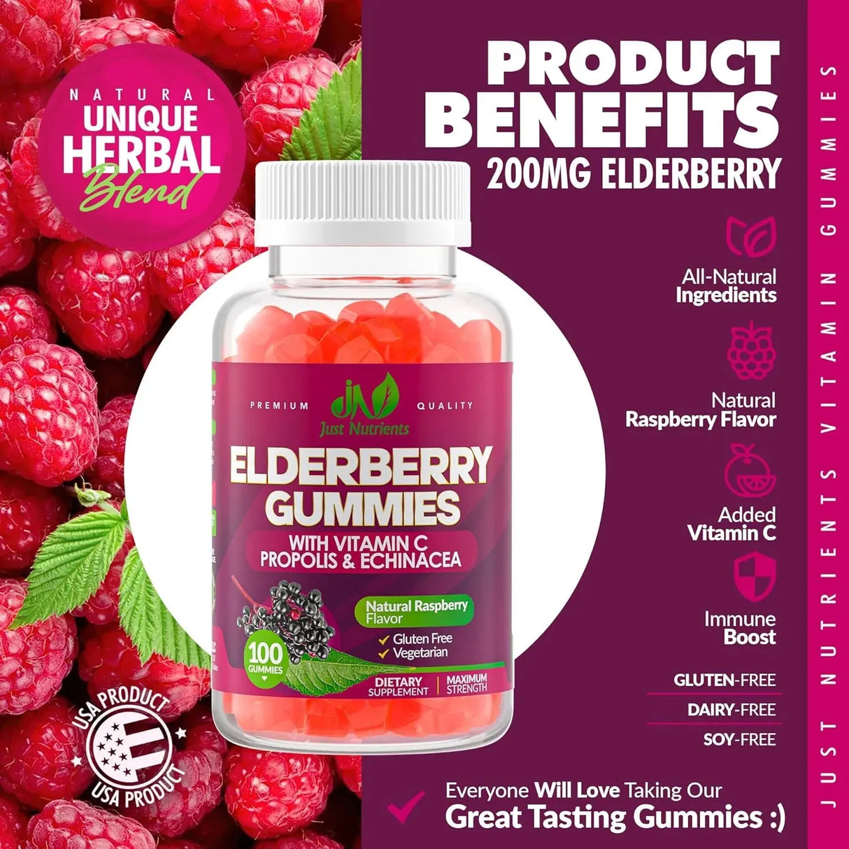 JUST NUTRIENTS - Just Nutrients Elderberry Sambucus Gummies with Vitamin C 100 Gomitas - The Red Vitamin MX - Suplementos Alimenticios - {{ shop.shopifyCountryName }}