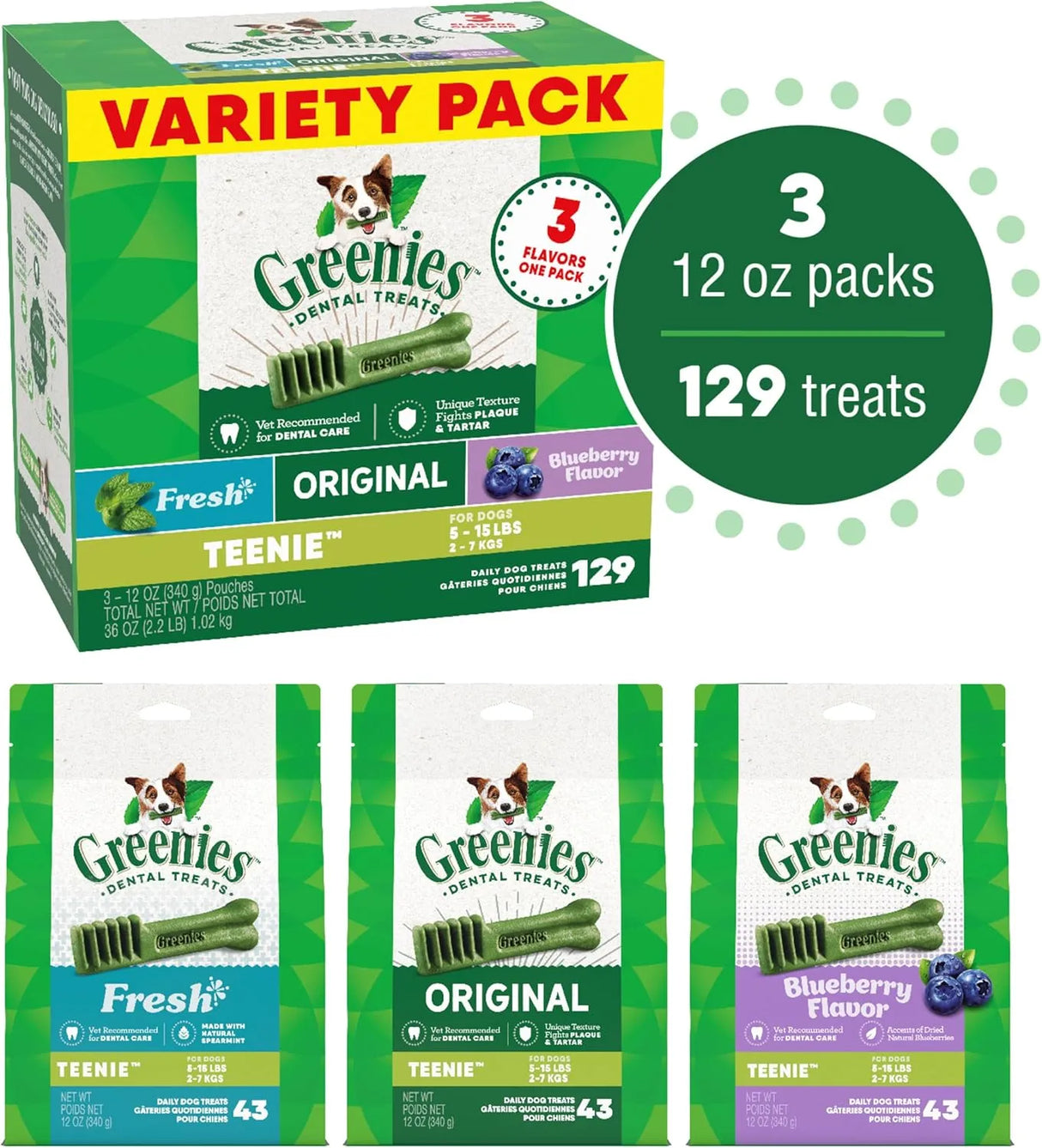 GREENIES - Greenies Teenie Natural Dog Dental Care Chews Oral Health Dog Treats 3-Flavor Variety Pack 129 Piezas - The Red Vitamin MX - Cuidado Dental Para Perros - {{ shop.shopifyCountryName }}