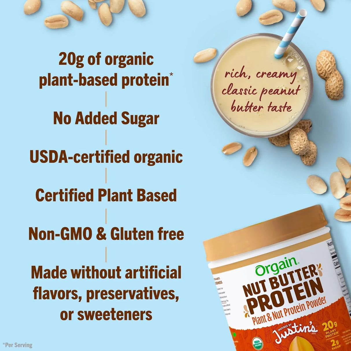 ORGAIN - Orgain X Justin's Organic Vegan Nut Butter Protein Powder Peanut Butter 1.17 Lb. - The Red Vitamin MX - Suplementos Alimenticios - {{ shop.shopifyCountryName }}