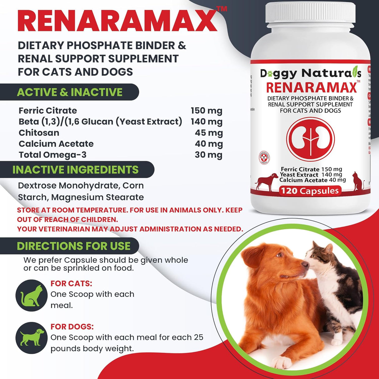 Doggy Naturals RENARAMAX Dietary Phosphate Binder and Renal Support for Cats and Dogs 120 Capsulas