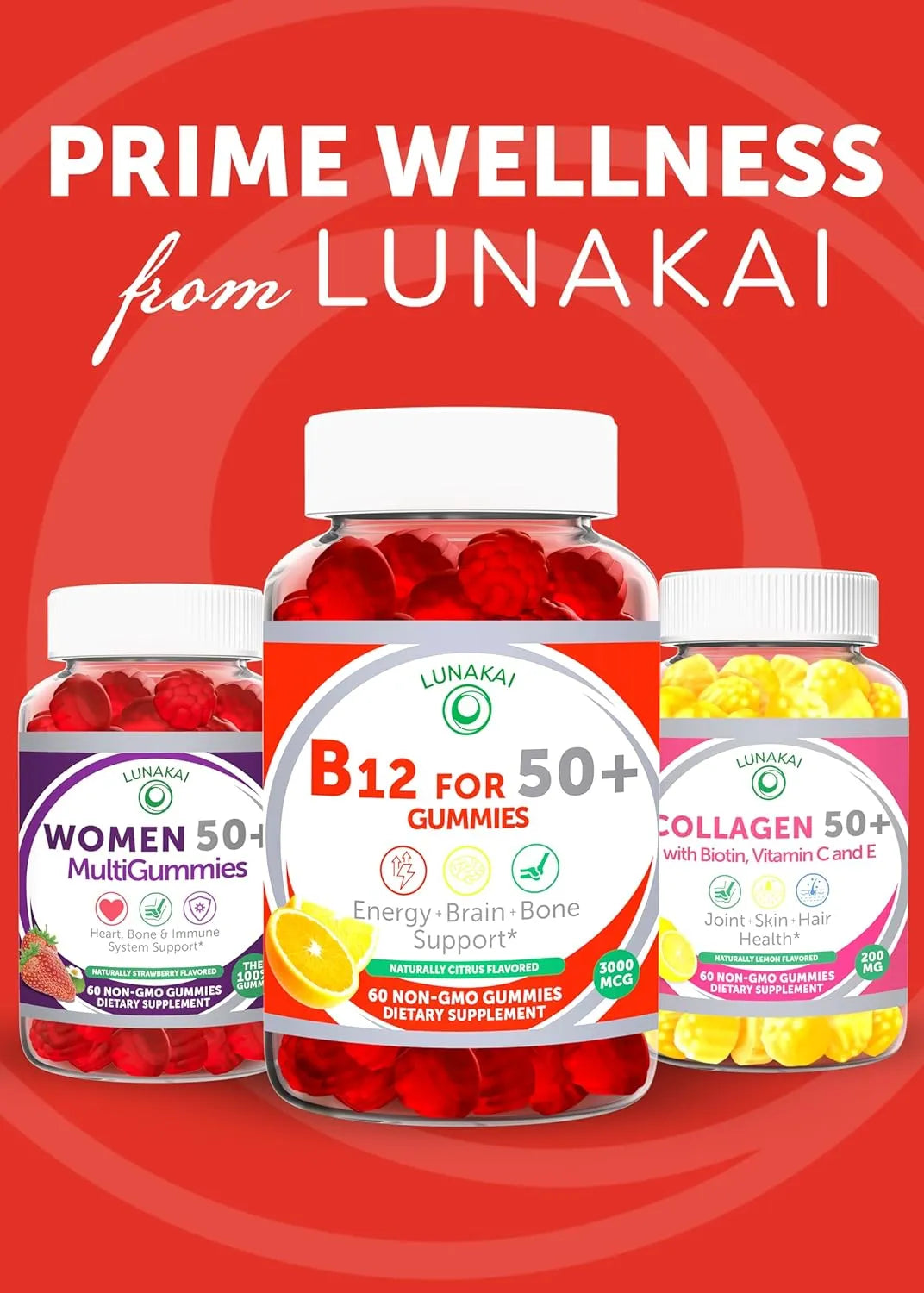 LUNAKAI - Lunakai Vitamin B12 Gummies for Adults 50+ 60 Gomitas - The Red Vitamin MX - Suplementos Alimenticios - {{ shop.shopifyCountryName }}