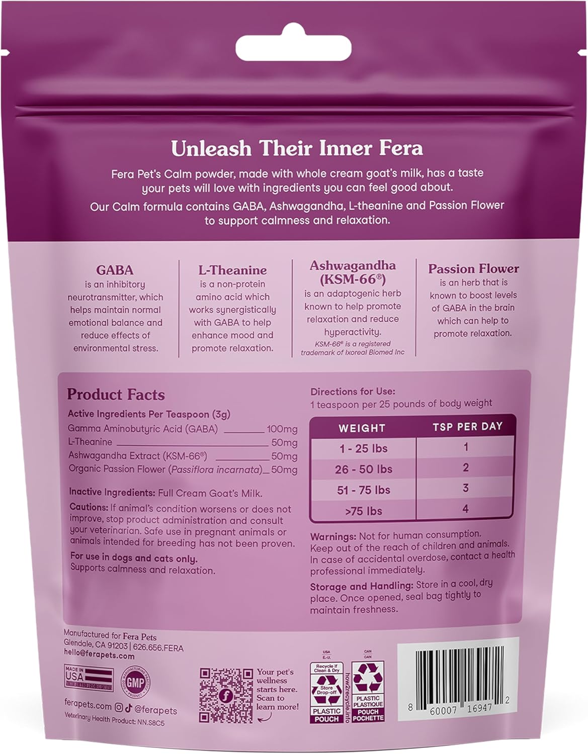 Fera Pet Organics Calming Goat Milk Cat & Dog 60 Servicios 180Gr.