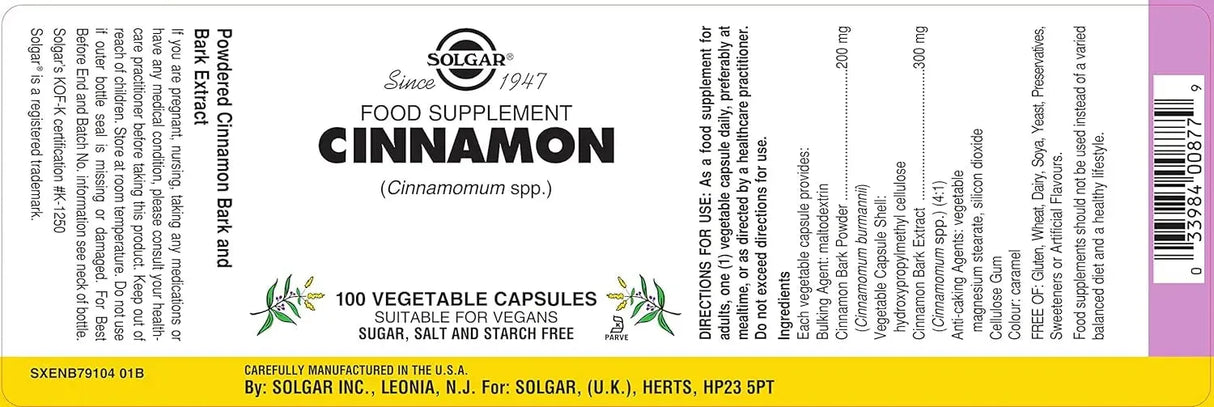 SOLGAR - Solgar Cinnamon 100 Capsulas - The Red Vitamin MX - Suplementos Alimenticios - {{ shop.shopifyCountryName }}