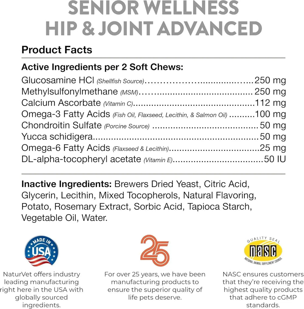 NATURVET - NaturVet Senior Wellness Hip & Joint Advanced Plus Omegas 120 Masticables - The Red Vitamin MX - Cuidado De Cadera Y Articulaciones Para Perros - {{ shop.shopifyCountryName }}