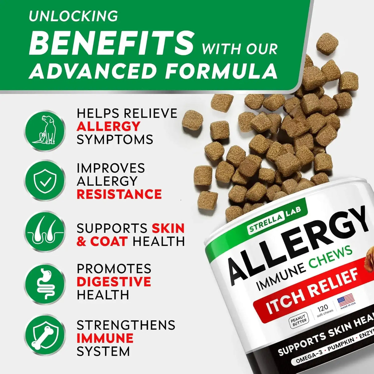STRELLALAB - StrellaLab Dog Allergy Relief & Anti Itch Support Chews Peanut Butter 120 Masticables - The Red Vitamin MX - Remedios Para La Picazón De Perros - {{ shop.shopifyCountryName }}