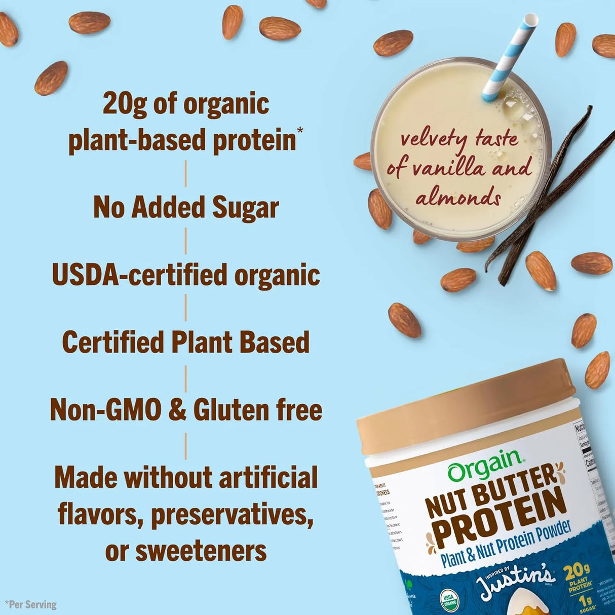ORGAIN - Orgain X Justin's Organic Vegan Nut Butter Protein Powder Vanilla Almond Butter 1.17 Lb. - The Red Vitamin MX - Suplementos Alimenticios - {{ shop.shopifyCountryName }}