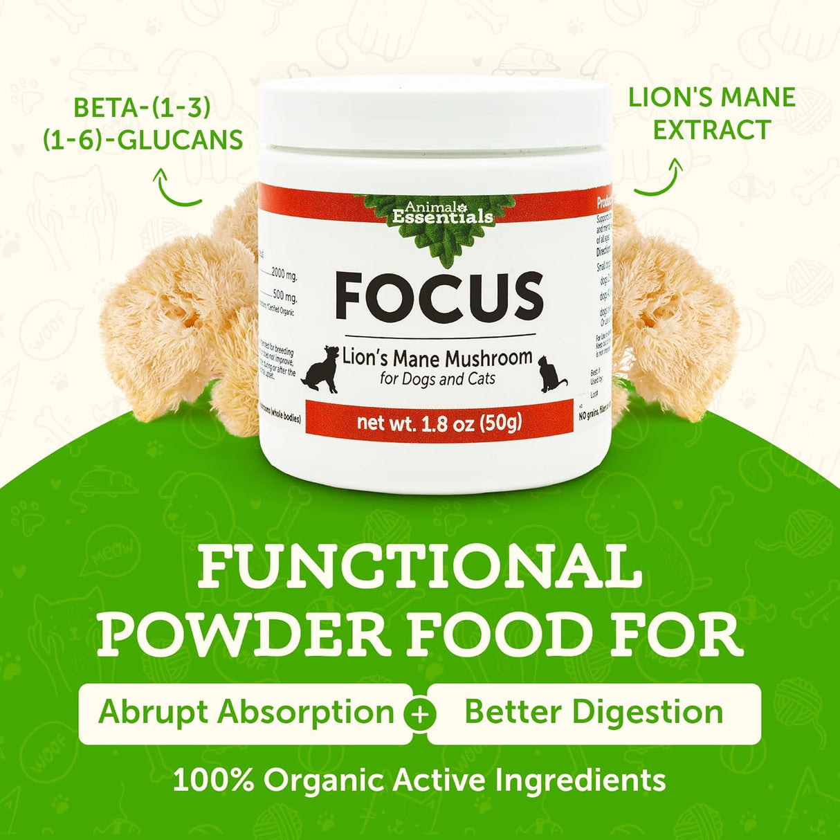 ANIMAL ESSENTIALS - Animal Essentials Focus Lions Mane Mushroom Supplement for Dogs 50Gr. - The Red Vitamin MX - Suplementos Herbales Para Perros - {{ shop.shopifyCountryName }}