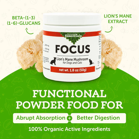 ANIMAL ESSENTIALS - Animal Essentials Focus Lions Mane Mushroom Supplement for Dogs 50Gr. - The Red Vitamin MX - Suplementos Herbales Para Perros - {{ shop.shopifyCountryName }}