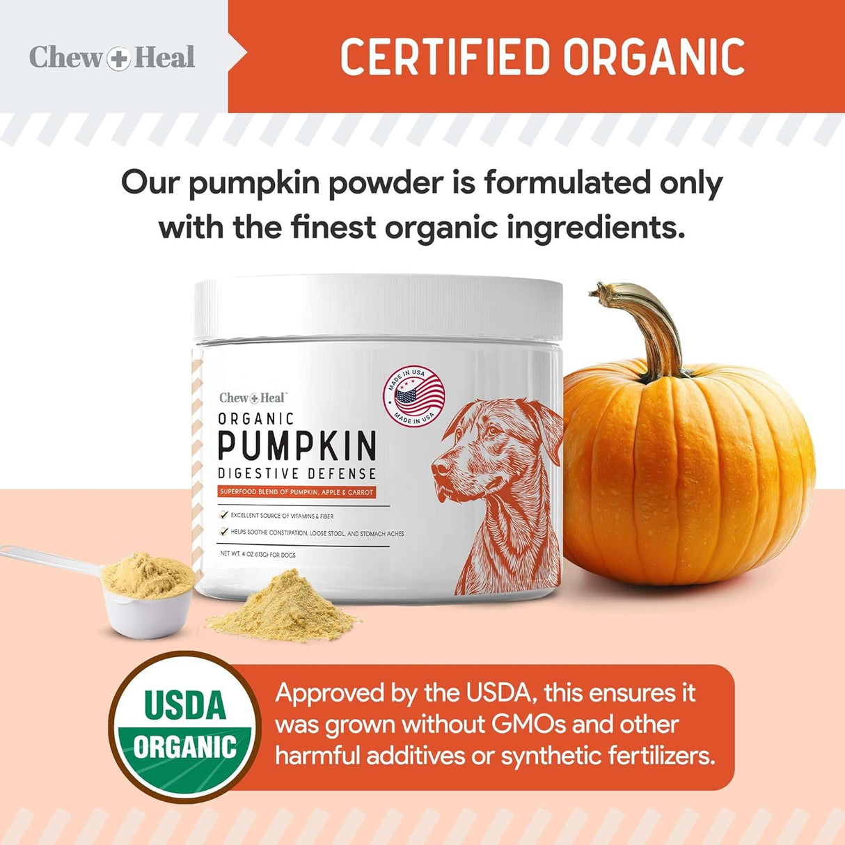 Chew + Heal Labs Organic Pumpkin Powder for Dogs 4 Oz.