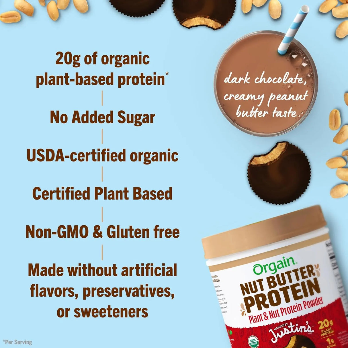 ORGAIN - Orgain X Justin's Organic Vegan Nut Butter Protein Powder Chocolate Peanut Butter 1.17 Lb. - The Red Vitamin MX - Suplementos Alimenticios - {{ shop.shopifyCountryName }}