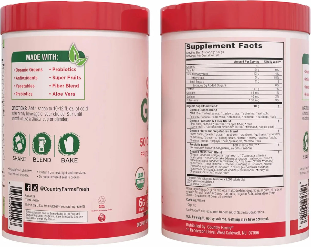 COUNTRY FARMS - Country Farms Organic Super Greens Berry Flavor 20 Servicios 300Gr. - The Red Vitamin MX - Suplementos Alimenticios - {{ shop.shopifyCountryName }}