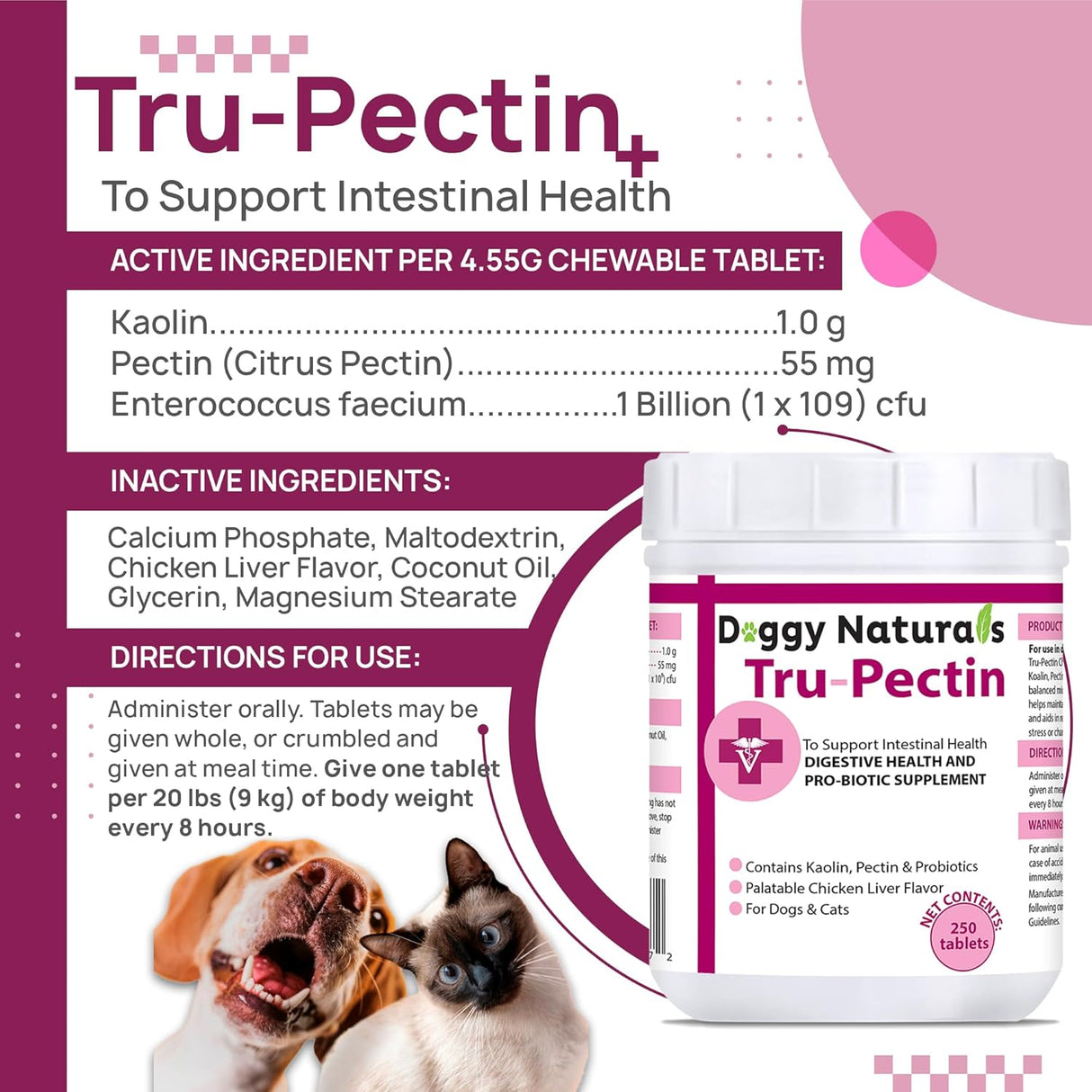 Doggy Naturals Tru-Pectin Anti-Diarrheal for Dogs & Cats 250 Tabletas