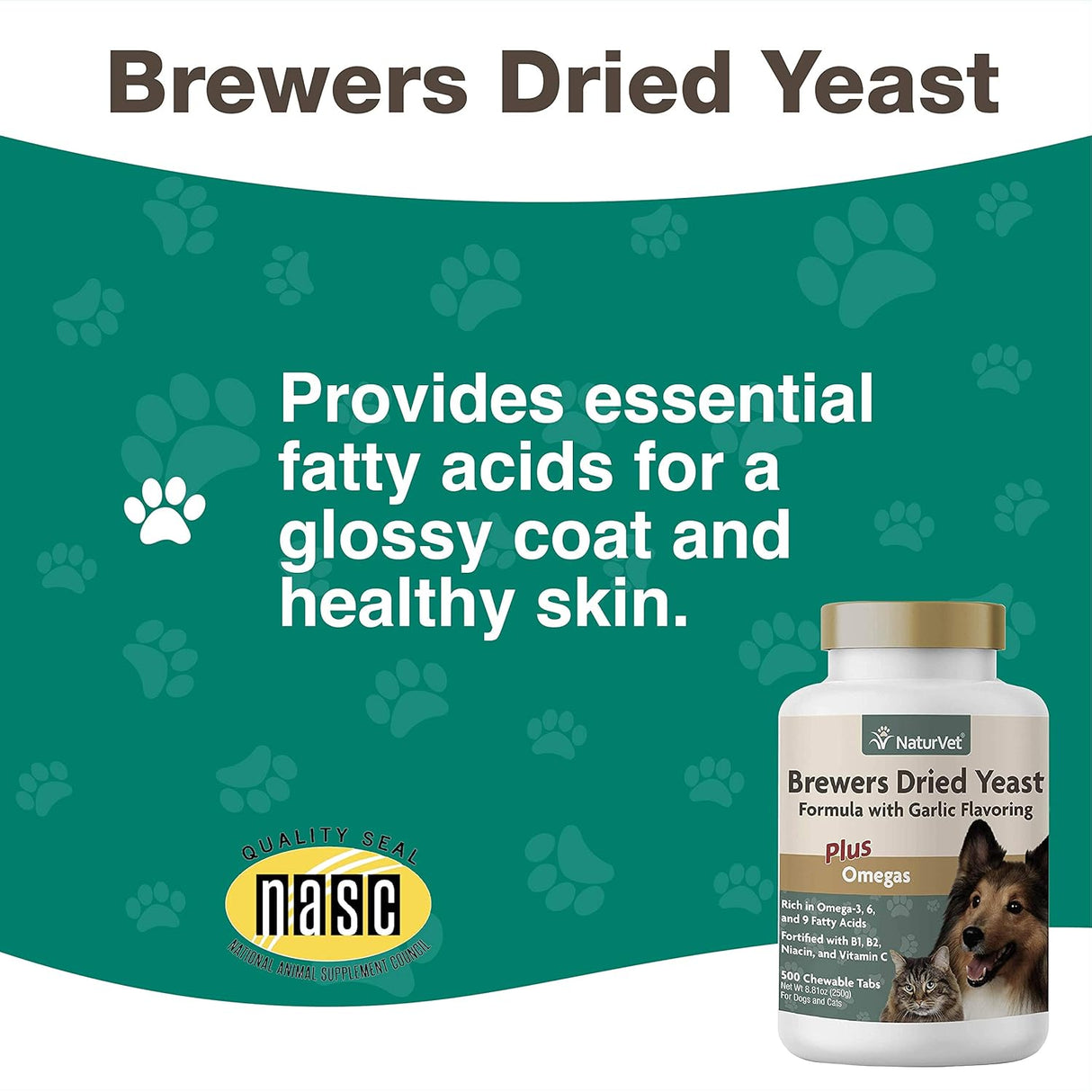 NaturVet Brewer’s Dried Yeast Formula with Garlic Flavoring Plus Omegas 500 Tabletas Masticables