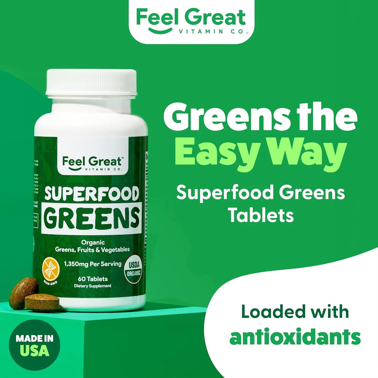 FEEL GREAT - Feel Great Vitamins Super Greens 60 Tabletas - The Red Vitamin MX - Suplementos Alimenticios - {{ shop.shopifyCountryName }}