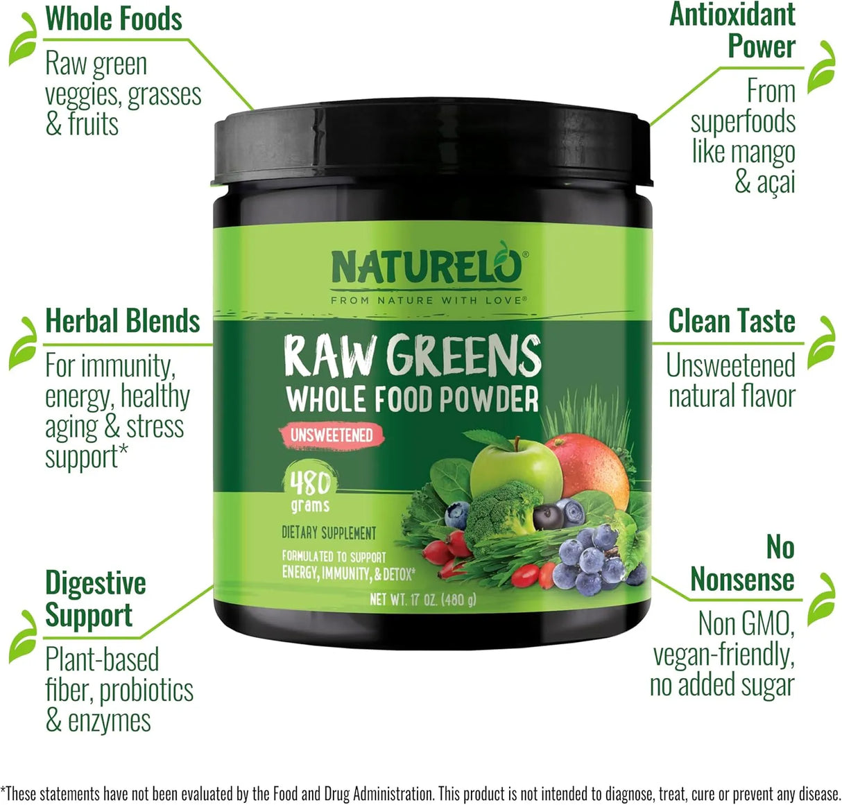 NATURELO - NATURELO Raw Greens Superfood Powder Unsweetened 480Gr. - The Red Vitamin MX - Suplementos Alimenticios - {{ shop.shopifyCountryName }}