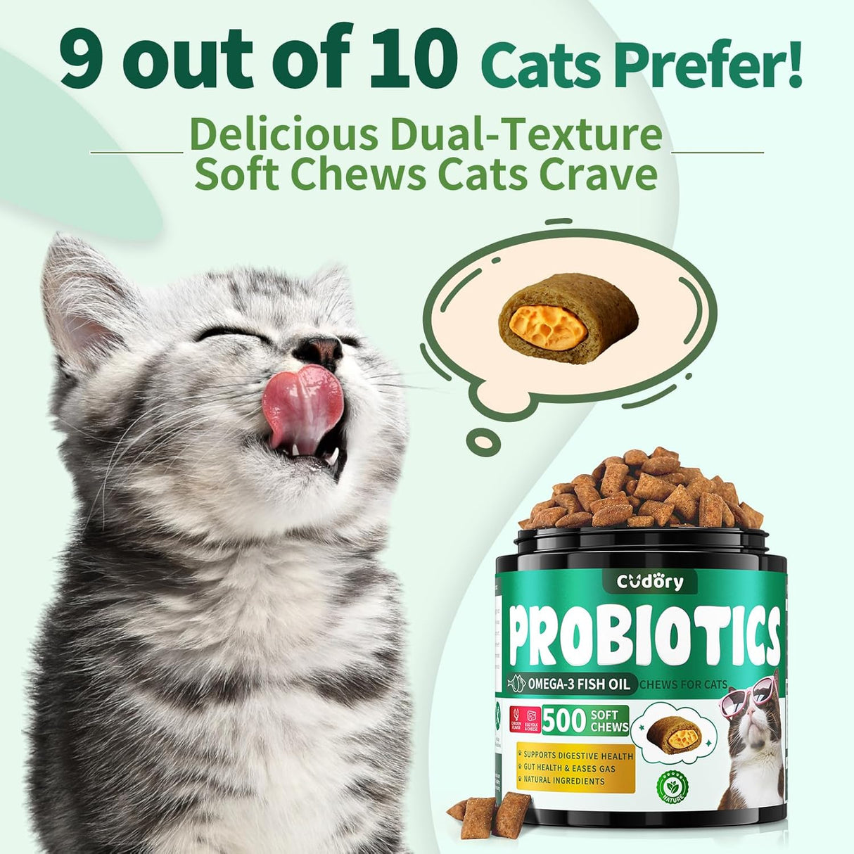 Cudory Cat Probiotics Tasty Chews for Digestive & Gut Support 500 Masticables