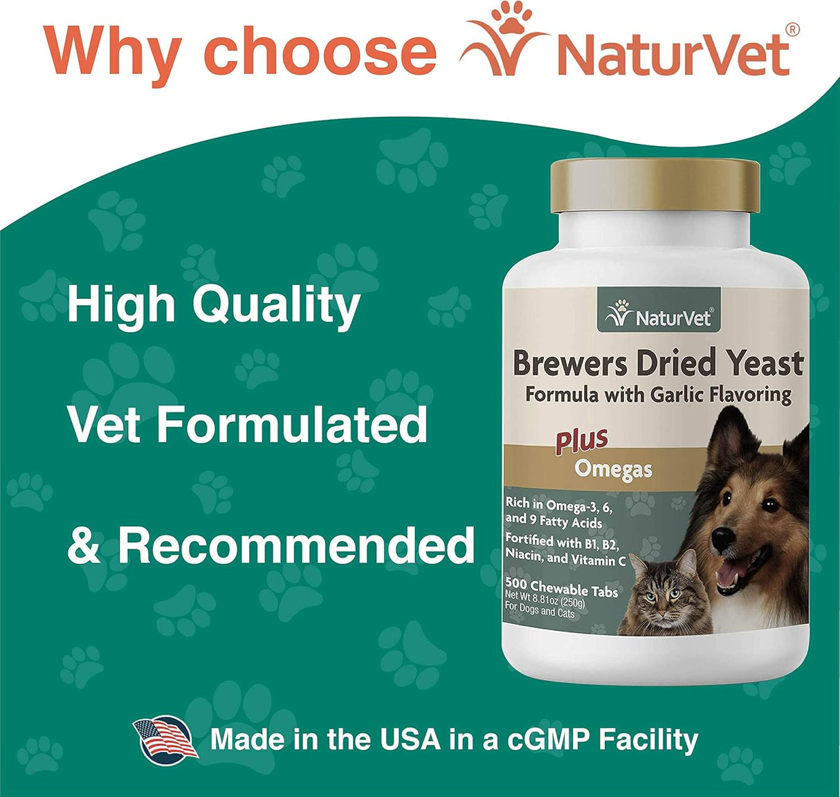 NaturVet Brewer’s Dried Yeast Formula with Garlic Flavoring Plus Omegas 500 Tabletas Masticables