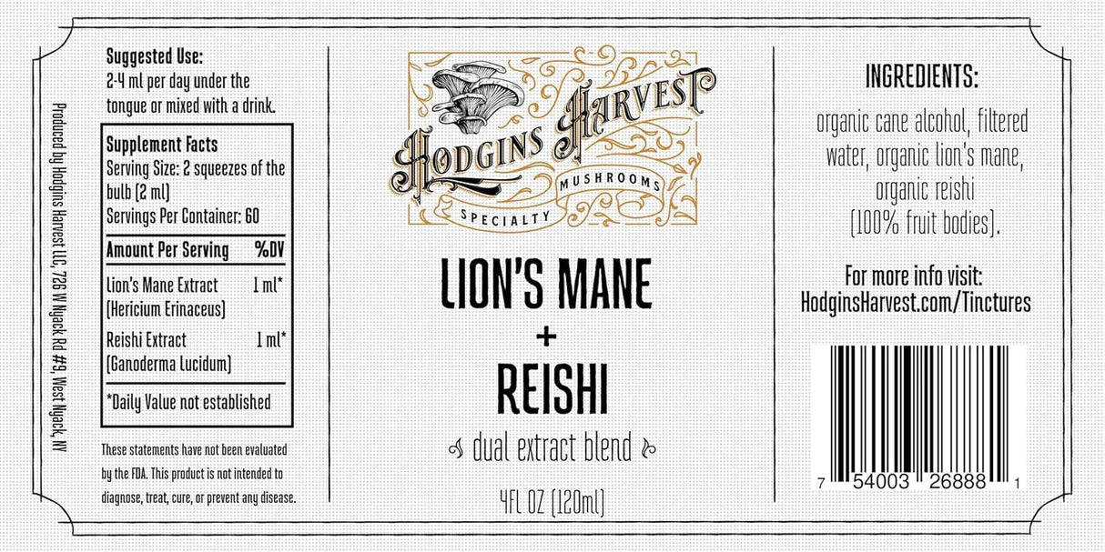 HODGINS HARVEST - Hodgins Harvest Organic Lion’s Mane + Reishi Tincture 4 Fl.Oz. - The Red Vitamin MX - Suplementos Alimenticios - {{ shop.shopifyCountryName }}
