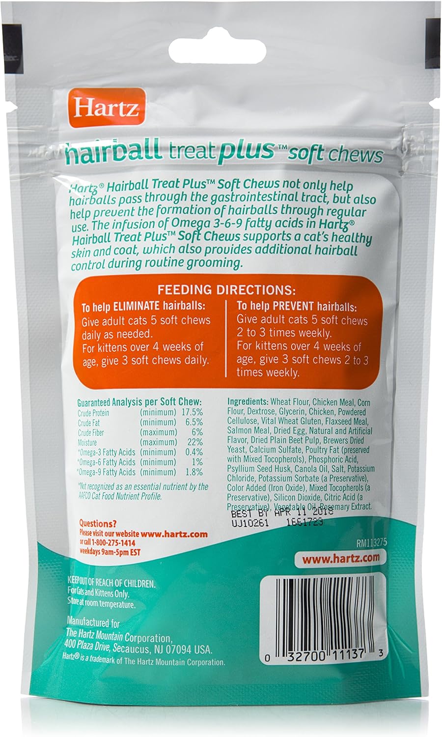 Hartz Hairball Remedy Plus Chicken Flavored Soft Chews for Cats and Kittens 85Gr. 2 Pack