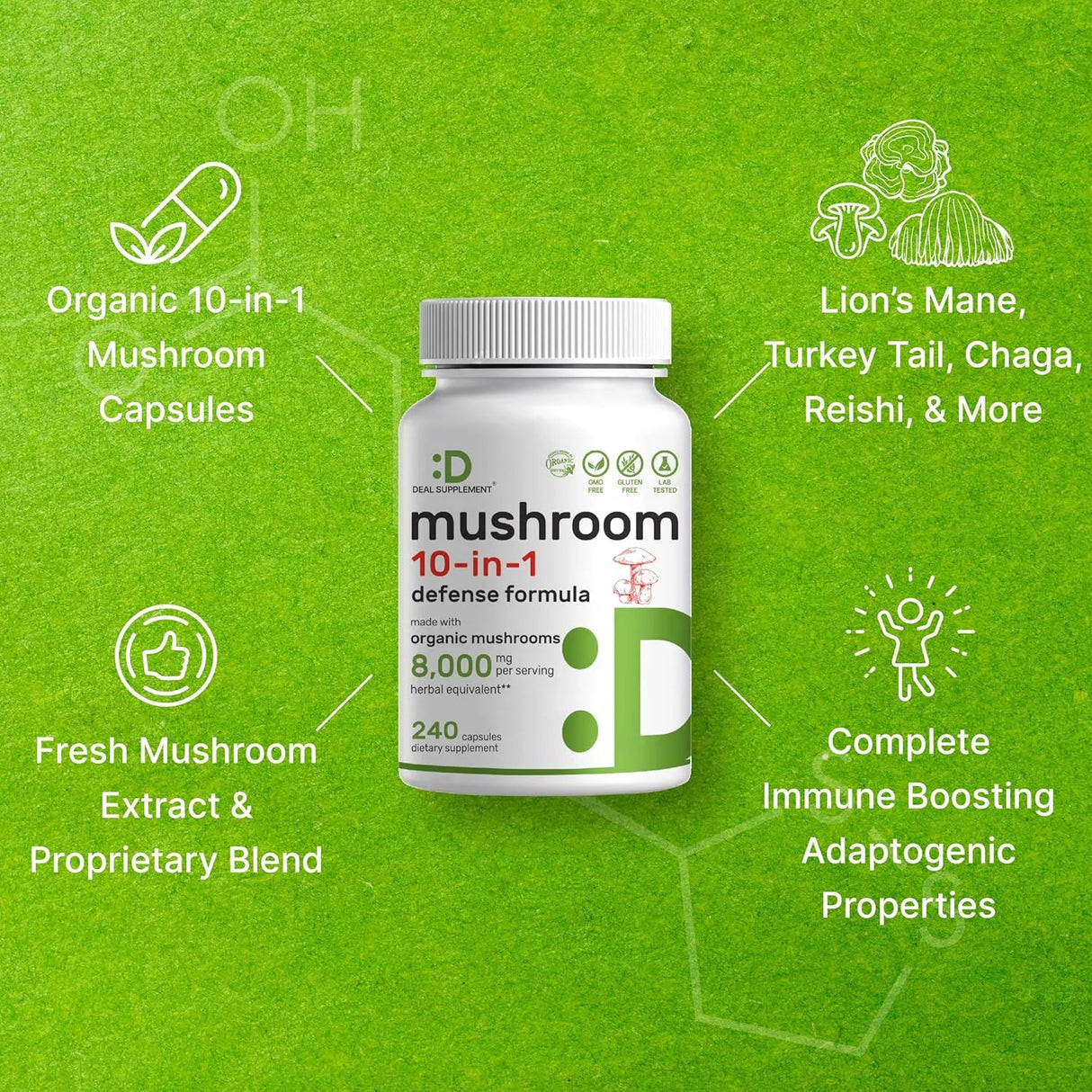 DEAL SUPPLEMENT - DEAL SUPPLEMENT Organic 10-in-1 Mushroom Defense Formula 240 Capsulas - The Red Vitamin MX - Suplementos Alimenticios - {{ shop.shopifyCountryName }}