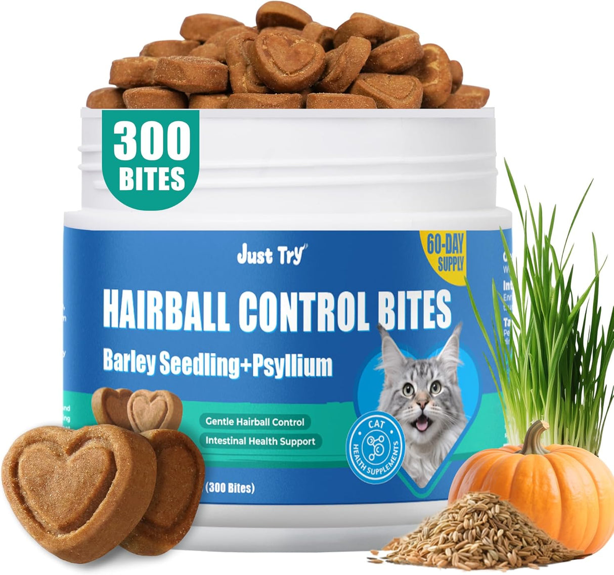 Just Try Cat Grass Hairball Relief & Digestive Support Cat Treats 300 Masticables