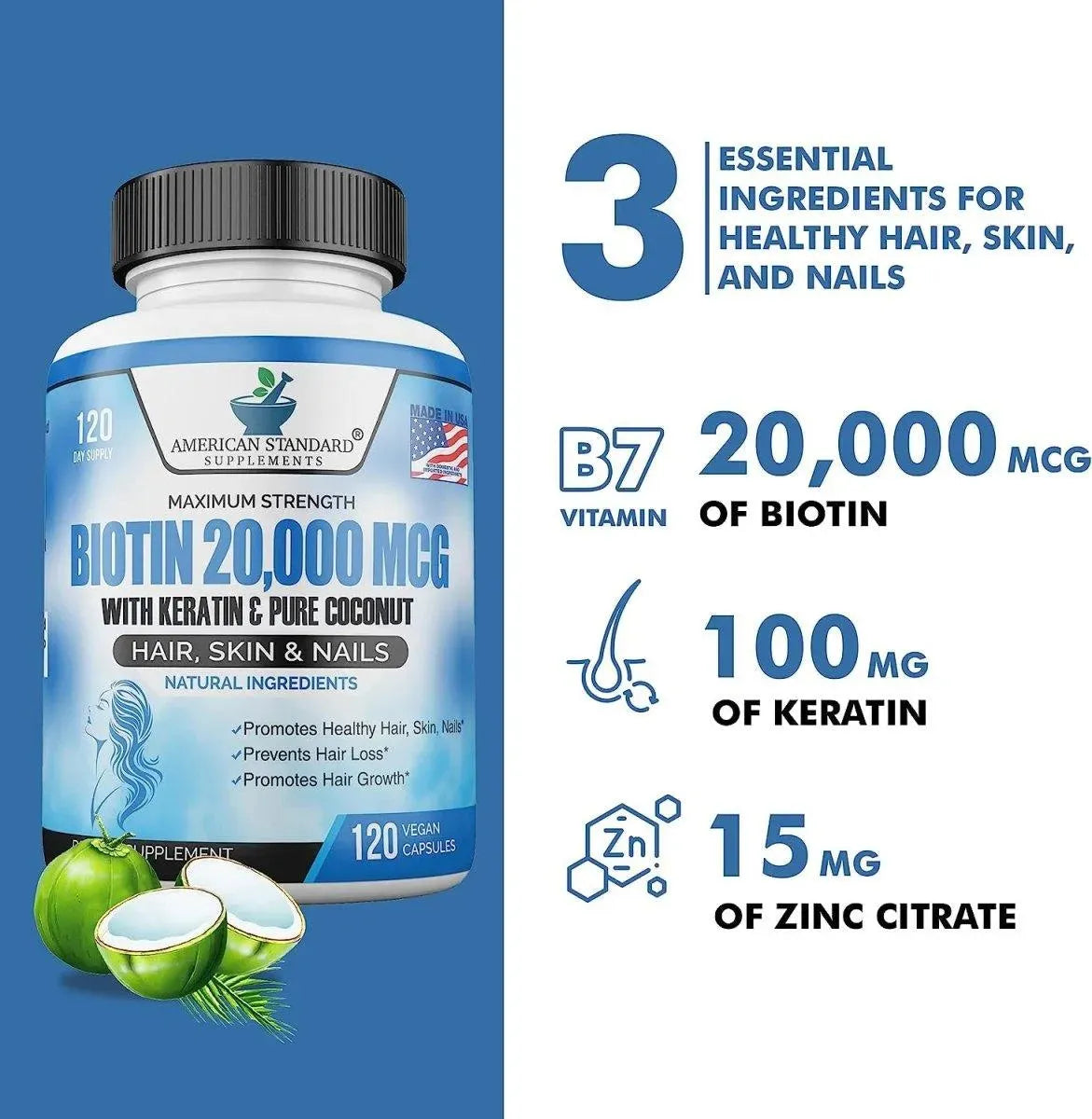 AMERICAN STANDARD SUPPLEMENTS - American Standard Supplements Biotin 20,000 mcg 120 Capsulas - The Red Vitamin MX - Suplementos Alimenticios - {{ shop.shopifyCountryName }}