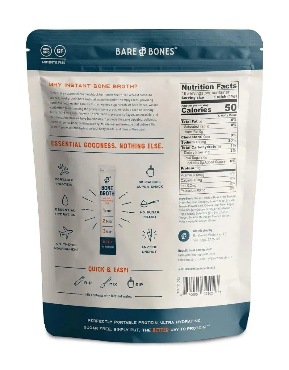 BARE & BONES - Bare Bones Beef Bone Broth Instant Powdered Mix 15Gr. 16 Paquetes 2 Pack - The Red Vitamin MX - Suplementos Alimenticios - {{ shop.shopifyCountryName }}