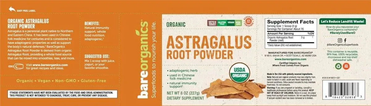 BARE ORGANICS - BareOrganics Astragalus Root Powder 227Gr. - The Red Vitamin MX - Suplementos Alimenticios - {{ shop.shopifyCountryName }}