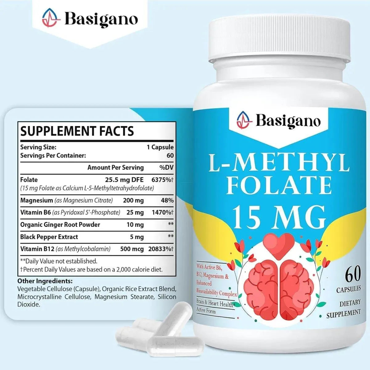 BASIGANO - Basigano 15Mg. L Methylfolate (5-MTHF) 60 Capsulas - The Red Vitamin MX - Suplementos Alimenticios - {{ shop.shopifyCountryName }}