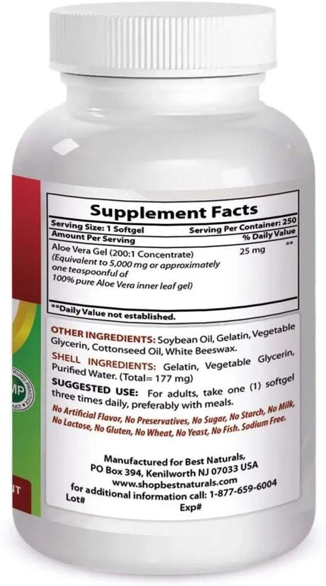 BEST NATURALS - Best Naturals Aloe Vera Gel 5000Mg. 250 Capsulas Blandas - The Red Vitamin MX - Suplementos Alimenticios - {{ shop.shopifyCountryName }}