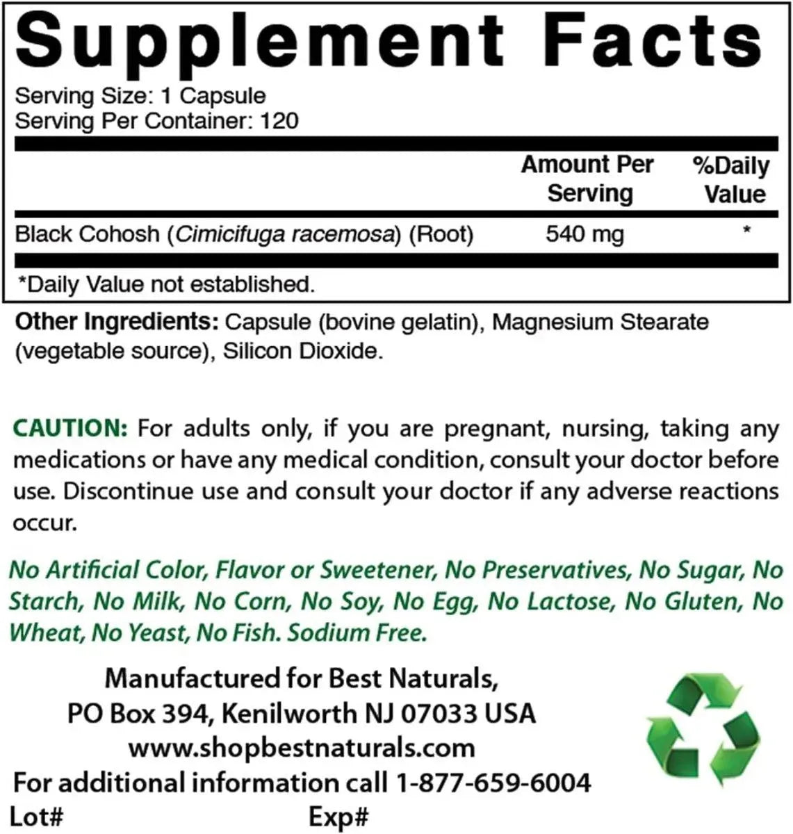 BEST NATURALS - Best Naturals Black Cohosh 540Mg. 120 Capsulas - The Red Vitamin MX - Suplementos Alimenticios - {{ shop.shopifyCountryName }}