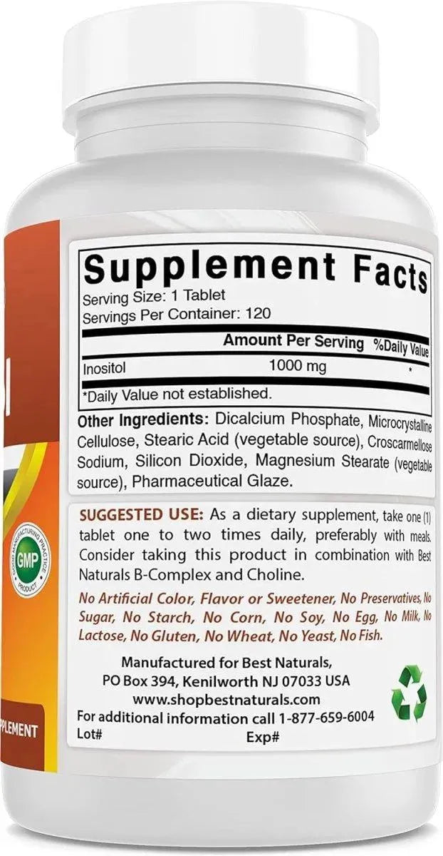 BEST NATURALS - Best Naturals Inositol 1000Mg. 120 Tabletas - The Red Vitamin MX - Suplementos Alimenticios - {{ shop.shopifyCountryName }}