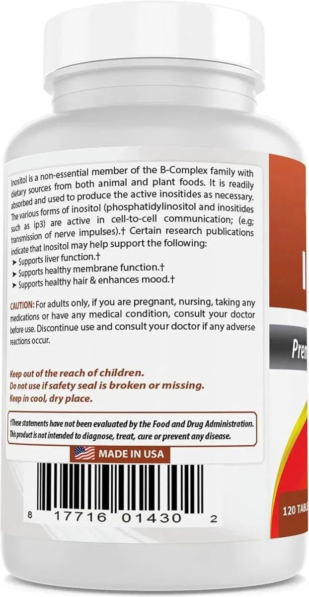 BEST NATURALS - Best Naturals Inositol 1000Mg. 120 Tabletas - The Red Vitamin MX - Suplementos Alimenticios - {{ shop.shopifyCountryName }}