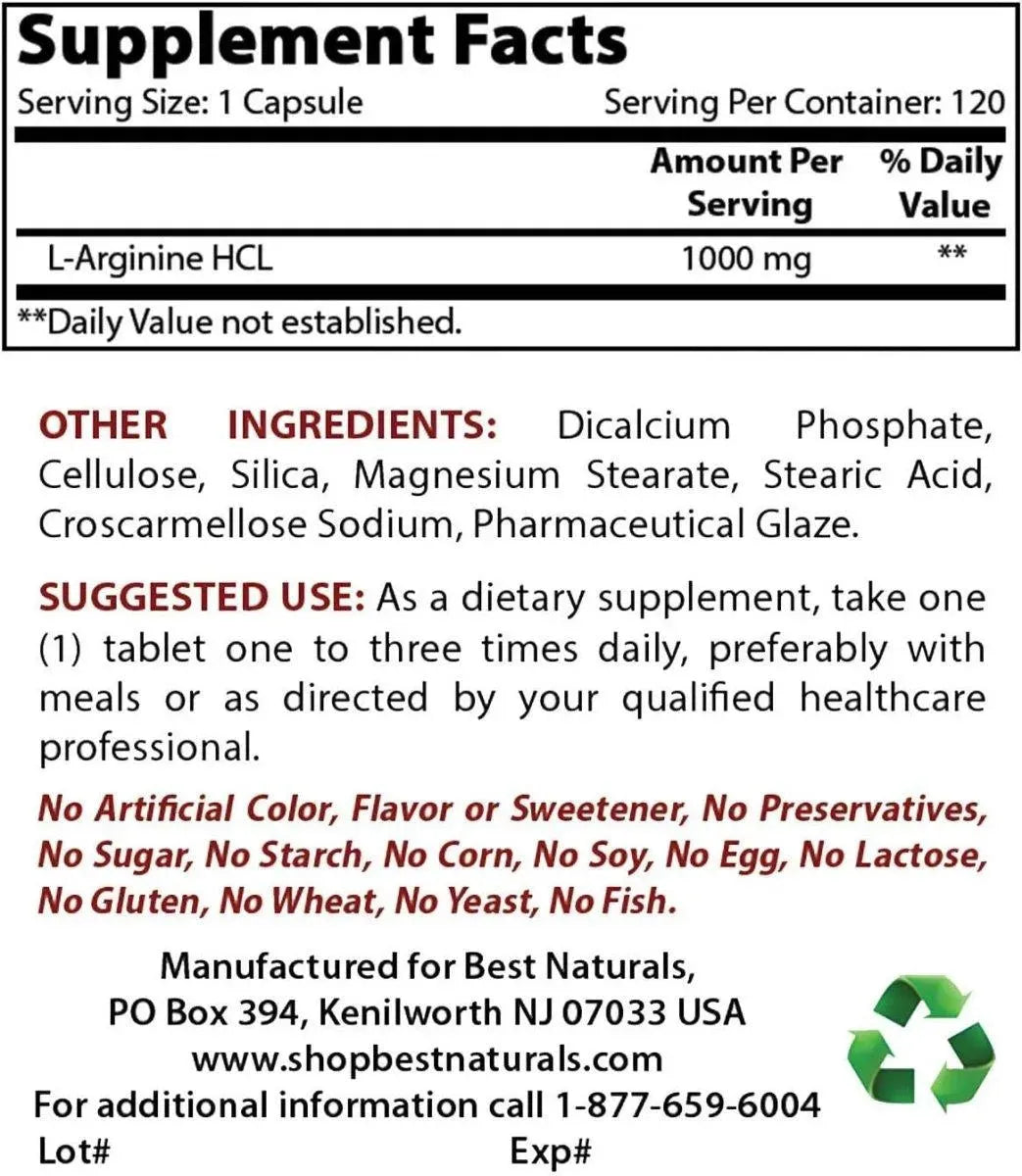 BEST NATURALS - Best Naturals L-Arginine 1000Mg. 120 Tabletas - The Red Vitamin MX - Suplementos Alimenticios - {{ shop.shopifyCountryName }}