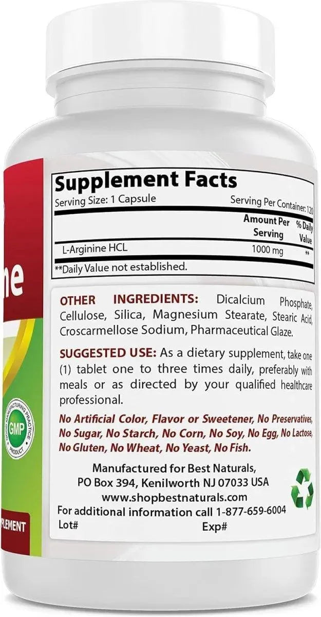 BEST NATURALS - Best Naturals L-Arginine 1000Mg. 120 Tabletas - The Red Vitamin MX - Suplementos Alimenticios - {{ shop.shopifyCountryName }}
