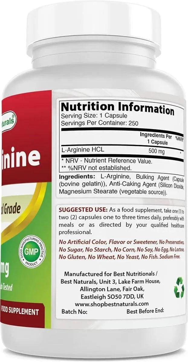 BEST NATURALS - Best Naturals L-Arginine 500Mg. 250 Capsulas - The Red Vitamin MX - Suplementos Alimenticios - {{ shop.shopifyCountryName }}