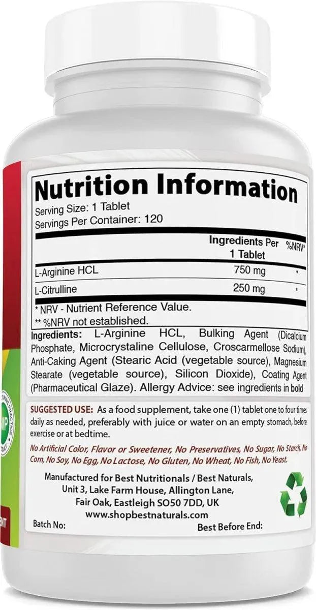 BEST NATURALS - Best Naturals L-Arginine L-Citruline Complex 120 Tabletas - The Red Vitamin MX - Suplementos Alimenticios - {{ shop.shopifyCountryName }}