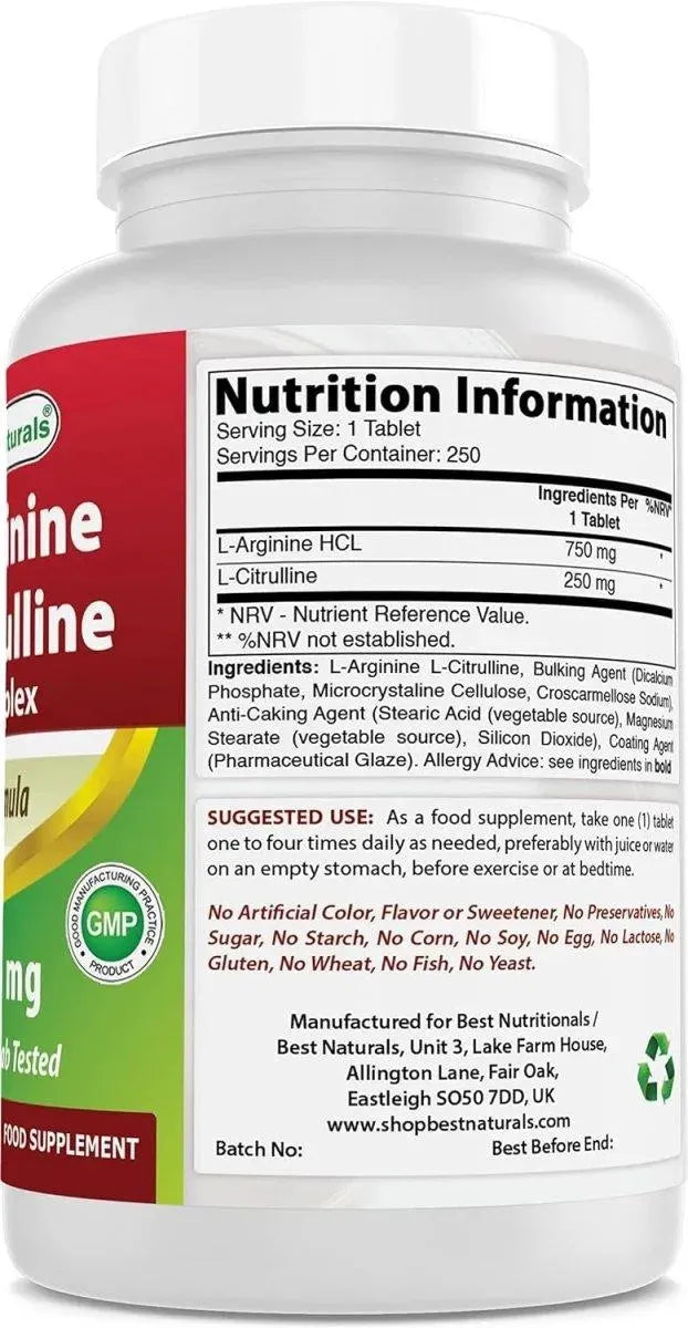 BEST NATURALS - Best Naturals L-Arginine L-Citruline Complex 250 Tabletas - The Red Vitamin MX - Suplementos Alimenticios - {{ shop.shopifyCountryName }}