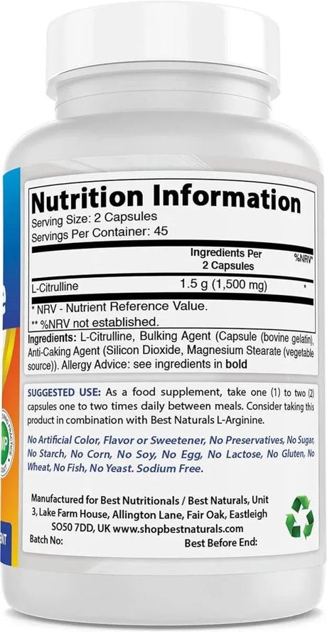 BEST NATURALS - Best Naturals L-Citrulline 1500Mg. 180 Capsulas - The Red Vitamin MX - Suplementos Alimenticios - {{ shop.shopifyCountryName }}