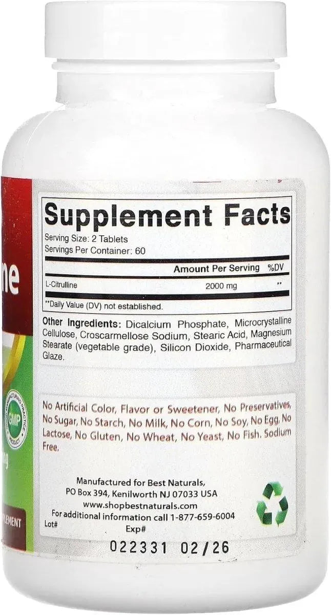 BEST NATURALS - Best Naturals L-Citrulline 2000Mg. 120 Tabletas - The Red Vitamin MX - Suplementos Alimenticios - {{ shop.shopifyCountryName }}