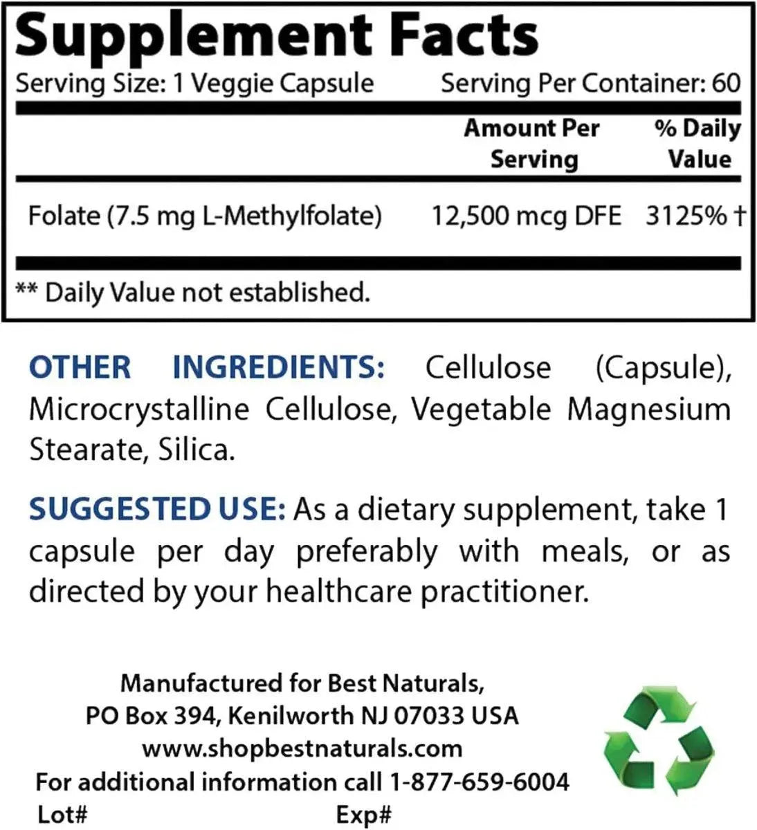 BEST NATURALS - Best Naturals Methyl Folate 7500mcg 60 Capsulas - The Red Vitamin MX - Suplementos Alimenticios - {{ shop.shopifyCountryName }}