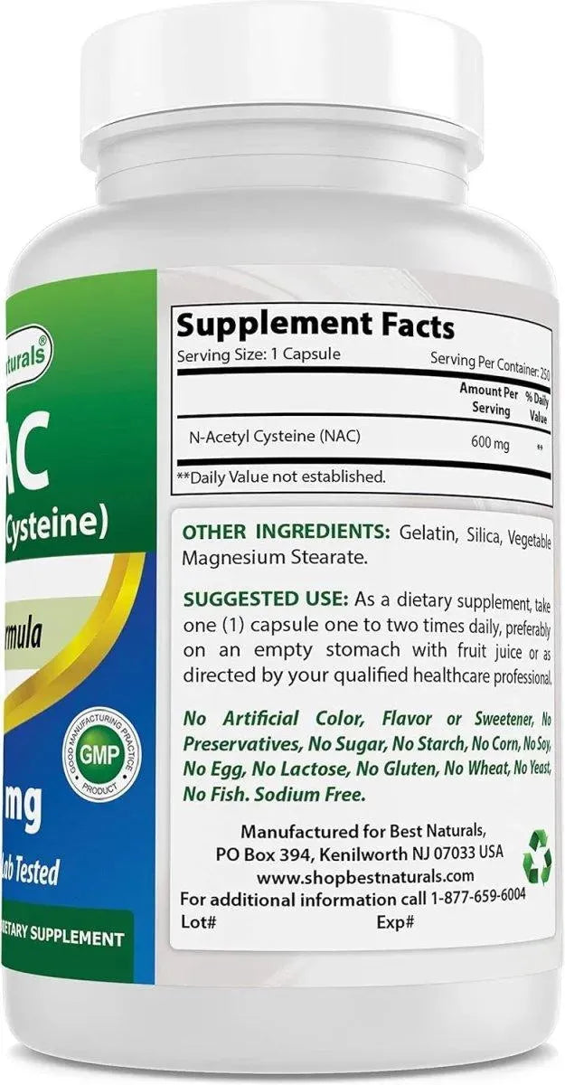 BEST NATURALS - Best Naturals NAC N-Acetyl-Cysteine 600Mg. 250 Capsulas - The Red Vitamin MX - Suplementos Alimenticios - {{ shop.shopifyCountryName }}