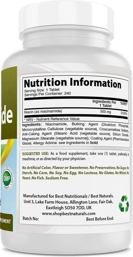 BEST NATURALS - Best Naturals Niacinamide 500Mg. 240 Tabletas - The Red Vitamin MX - Suplementos Alimenticios - {{ shop.shopifyCountryName }}