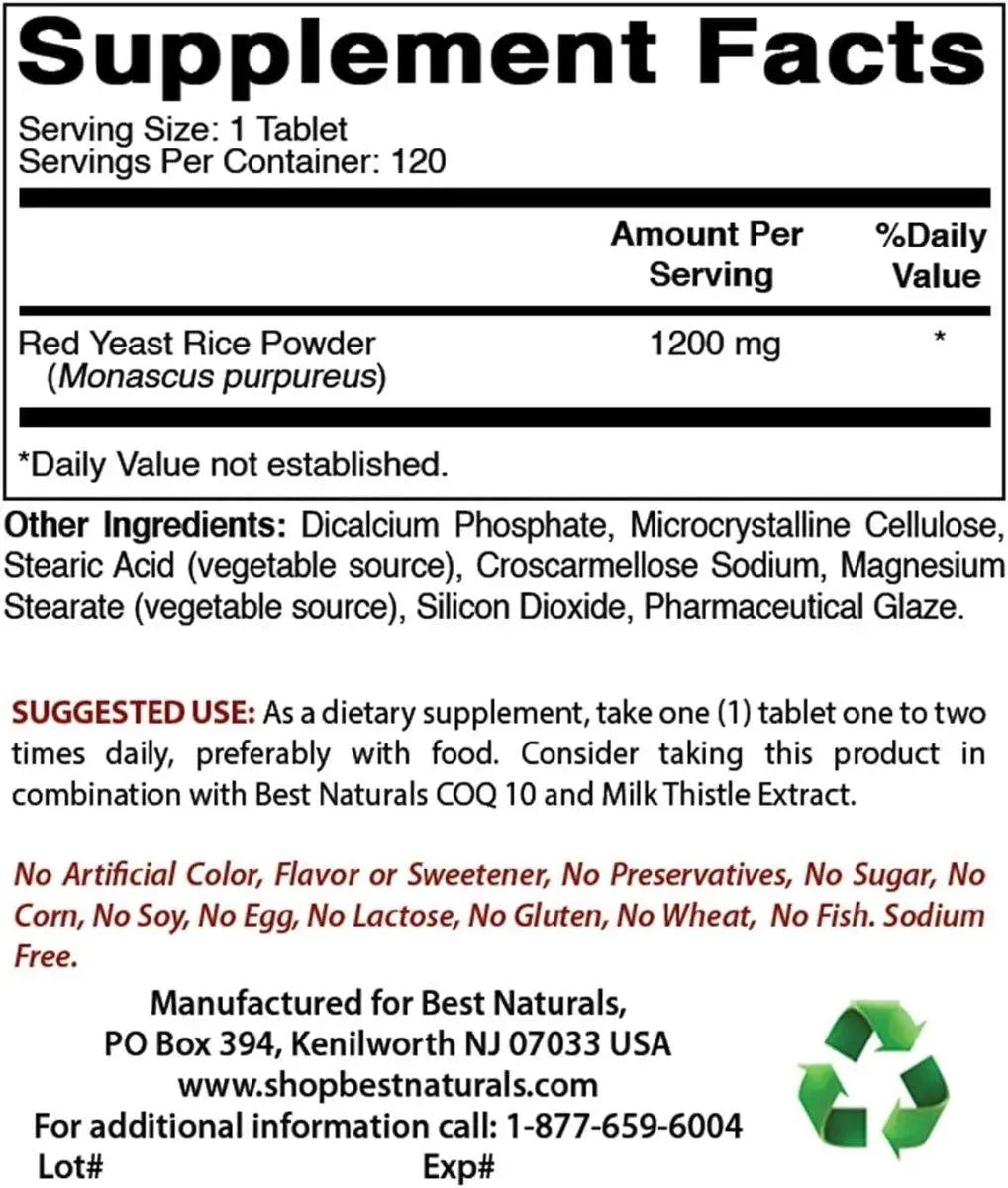 BEST NATURALS - Best Naturals Red Yeast Rice 1200Mg. 120 Tabletas - The Red Vitamin MX - Suplementos Alimenticios - {{ shop.shopifyCountryName }}