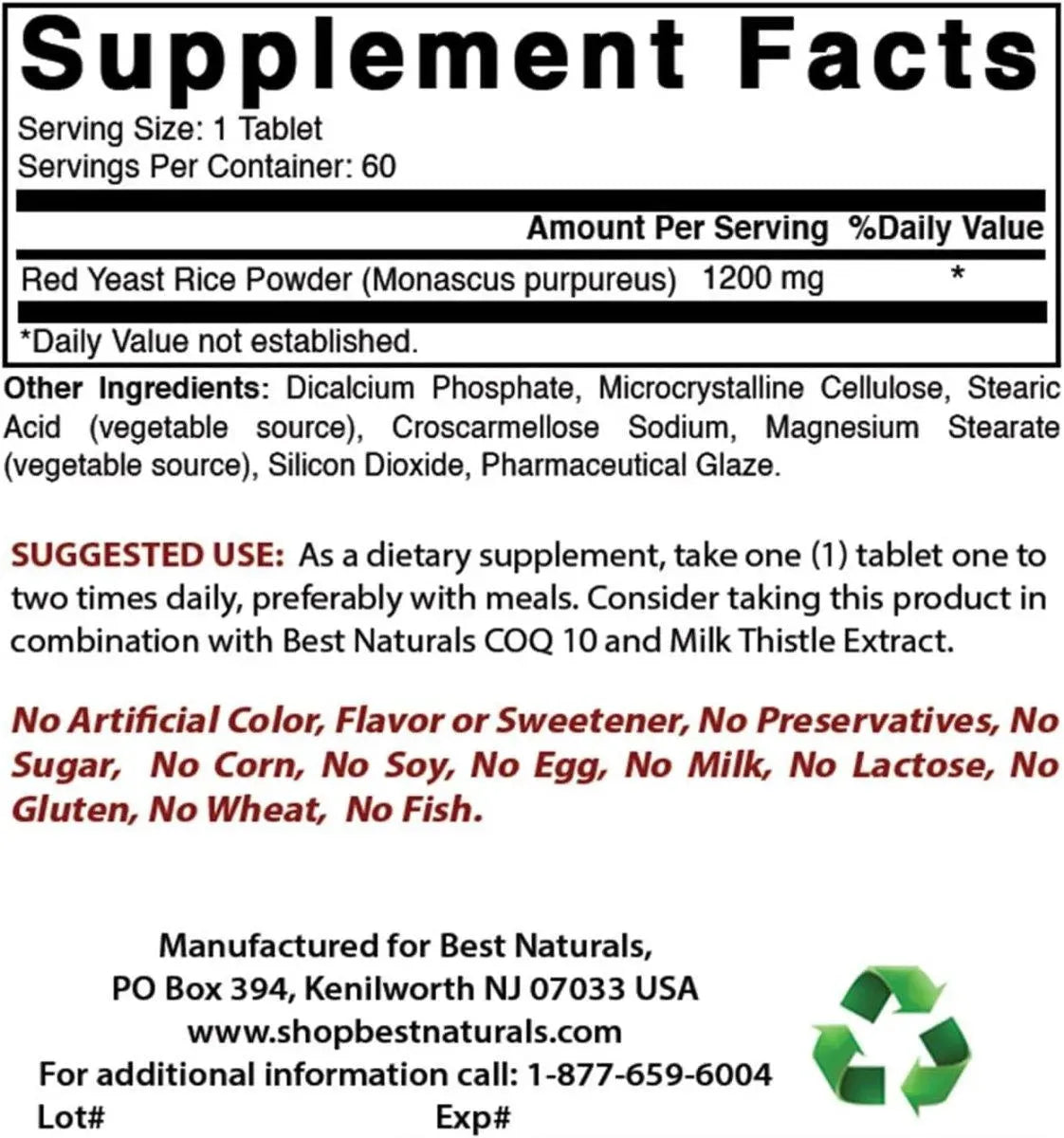 BEST NATURALS - Best Naturals Red Yeast Rice 1200Mg. 240 Tabletas - The Red Vitamin MX - Suplementos Alimenticios - {{ shop.shopifyCountryName }}