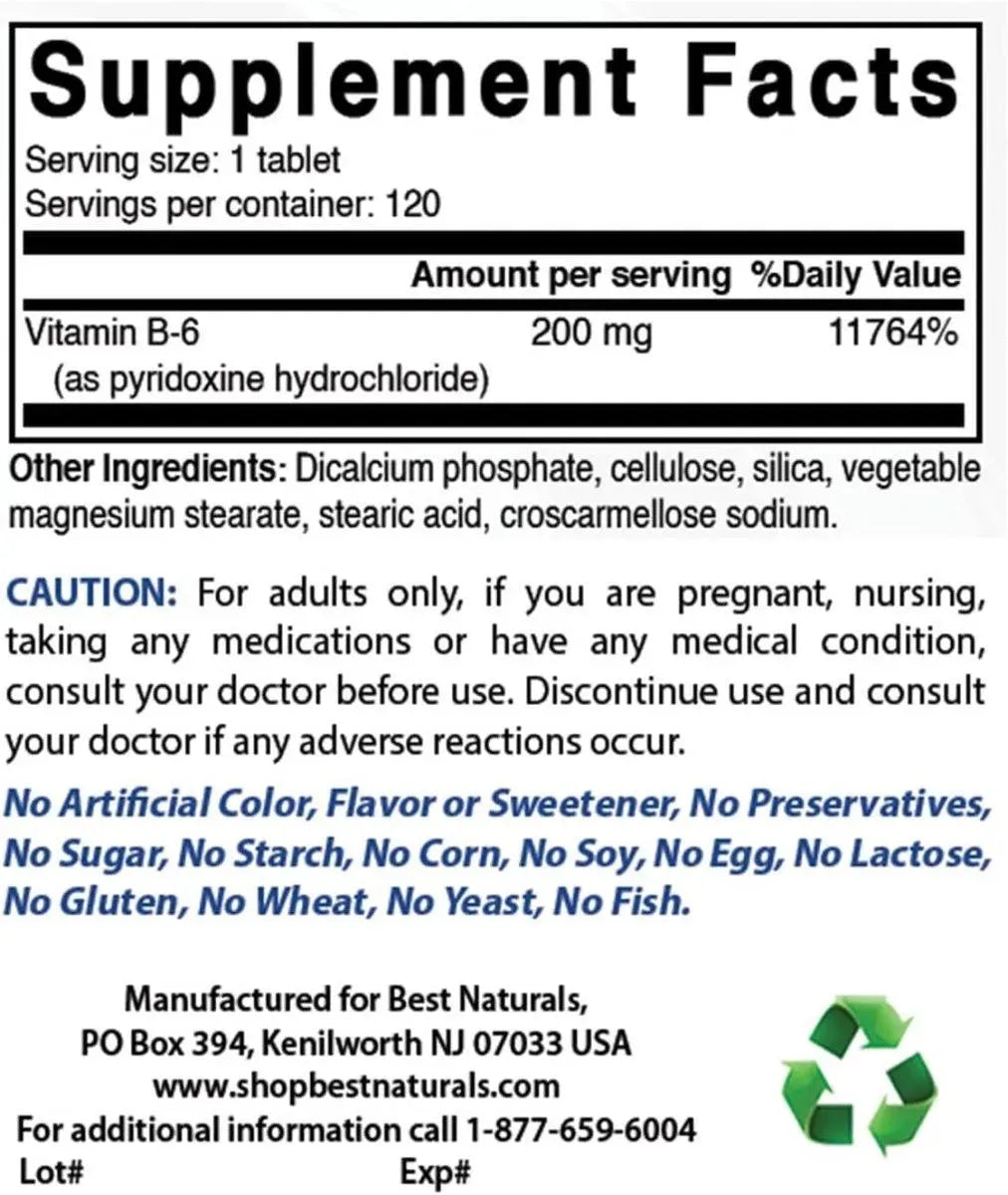 BEST NATURALS - Best Naturals Vitamin B6 200MG. 120 Tabletas 2 Pack - The Red Vitamin MX - Suplementos Alimenticios - {{ shop.shopifyCountryName }}